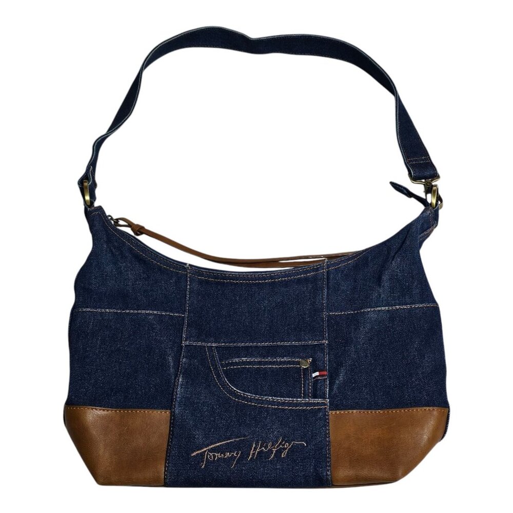 Vintage Tommy Hilfiger Purse Y2K Blue Denim & Brown Leather Shoulder Crossbody‎
